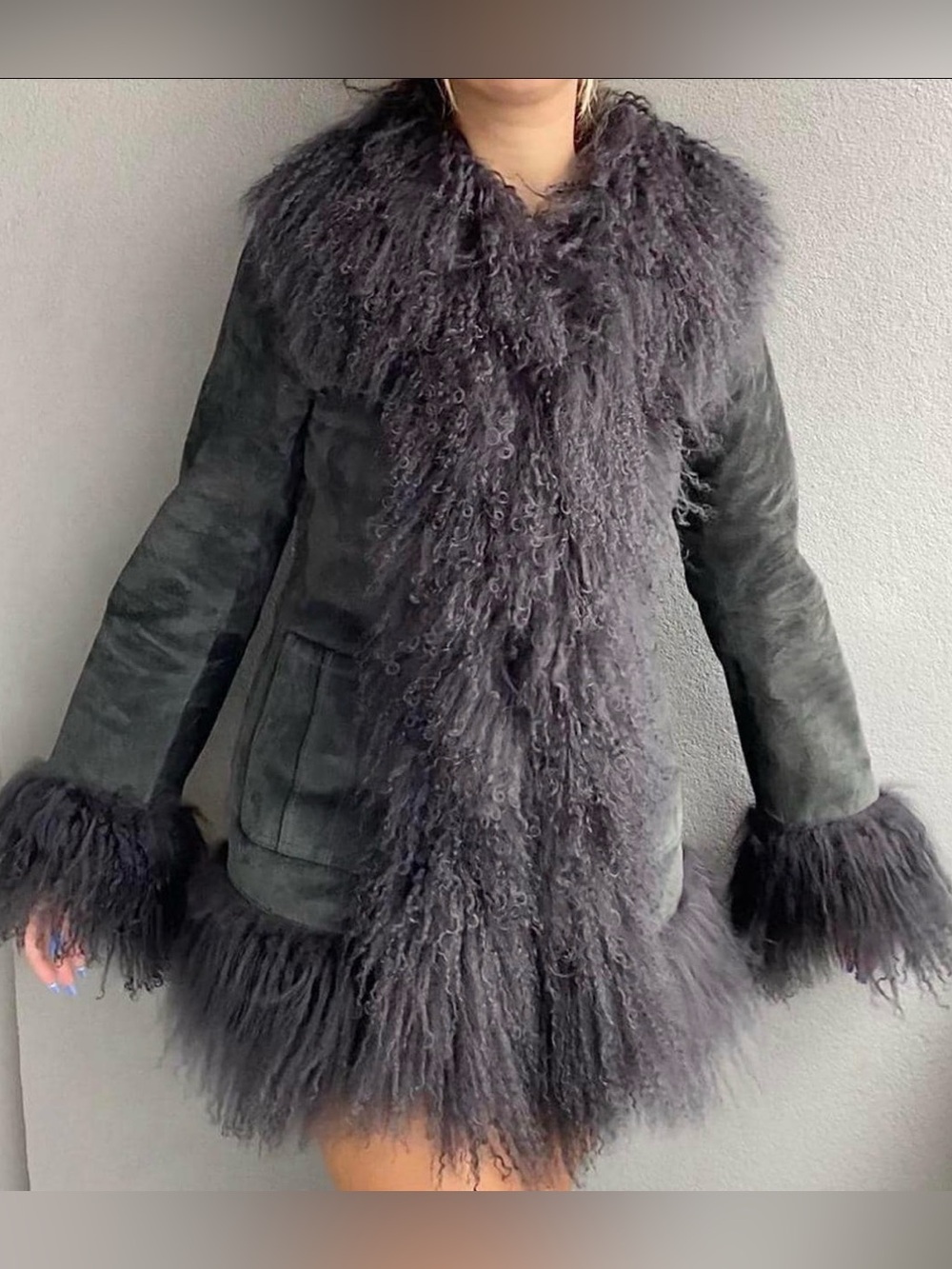 Womens Genuine Suede and Mongolian Fur Penny Lane Coat